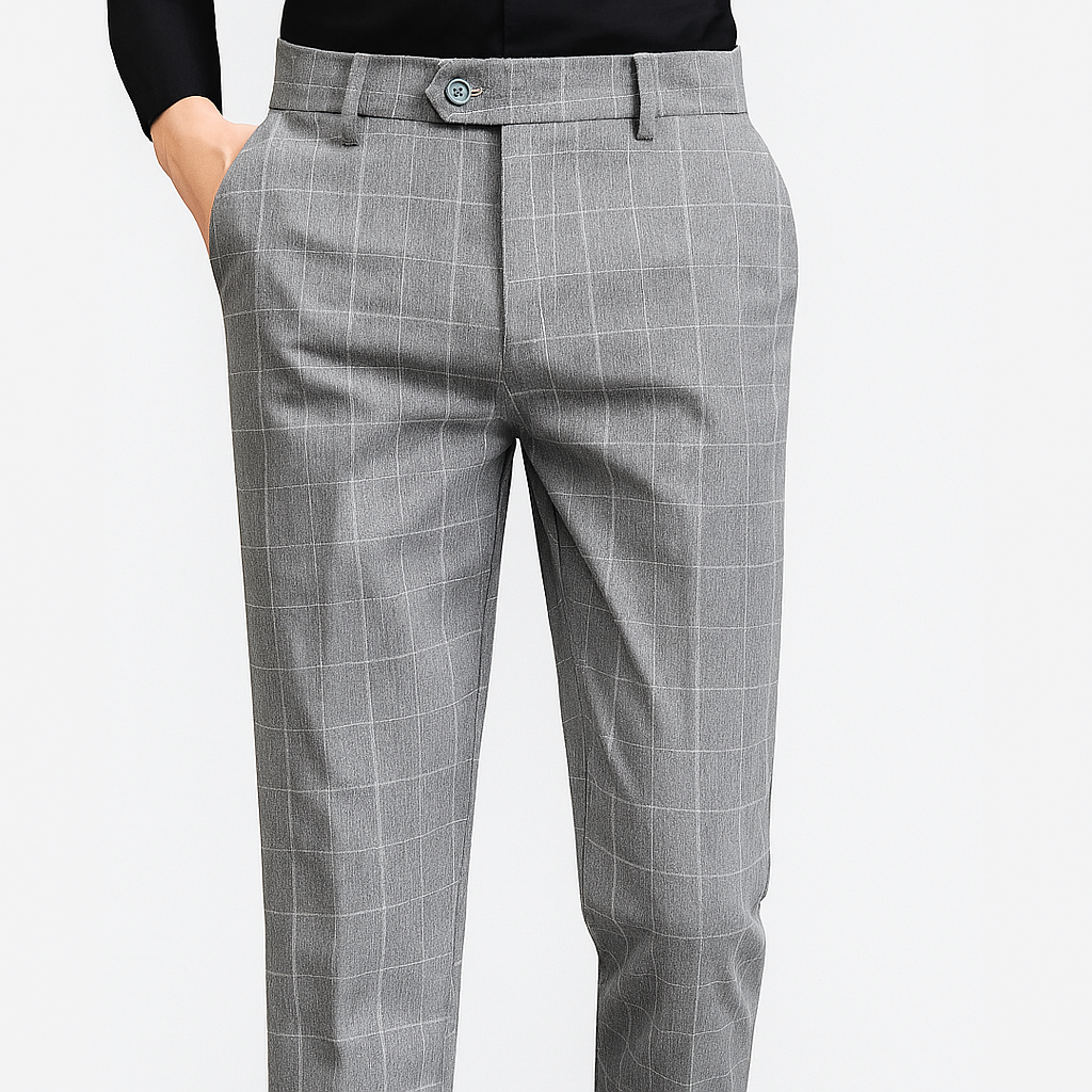 Men’s Slim Fit Formal Trousers with Fine Plaid Pattern for Summer