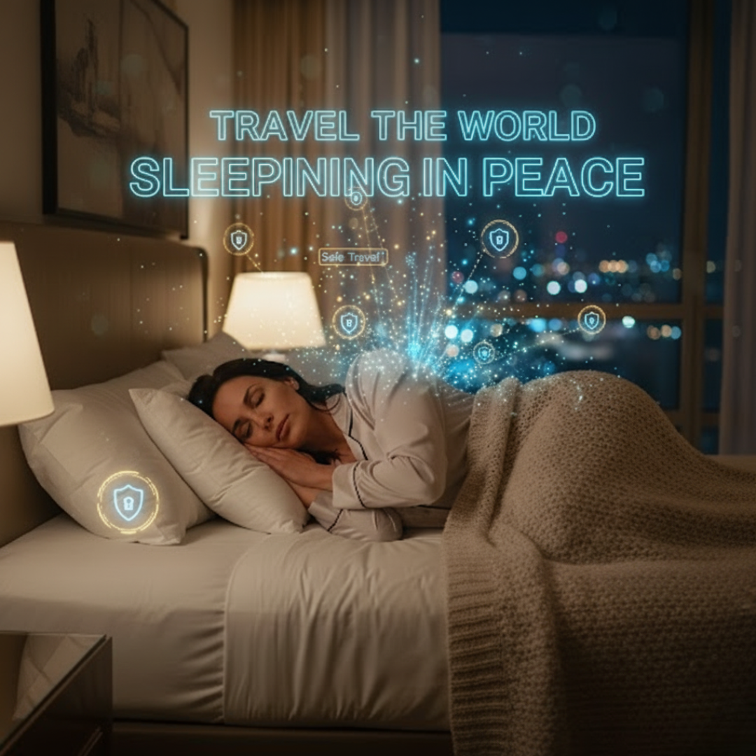 SafeTravel Lock — Portable protection for peaceful nights, with a free personal alarm included.