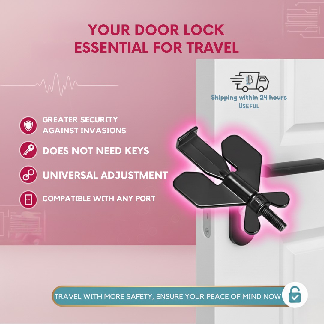 SafeTravel Lock — Portable protection for peaceful nights, with a free personal alarm included.