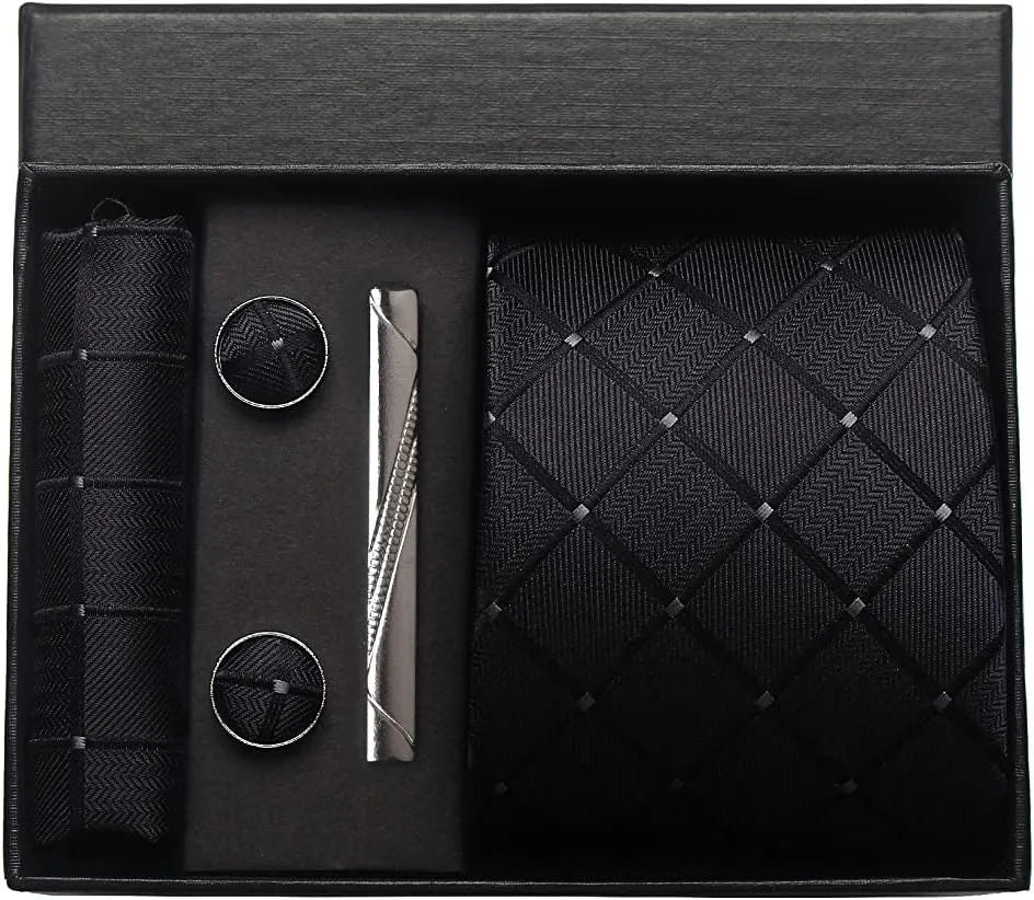 Classic Silk Tie Set with Pocket Square, Cufflinks and Tie Clip