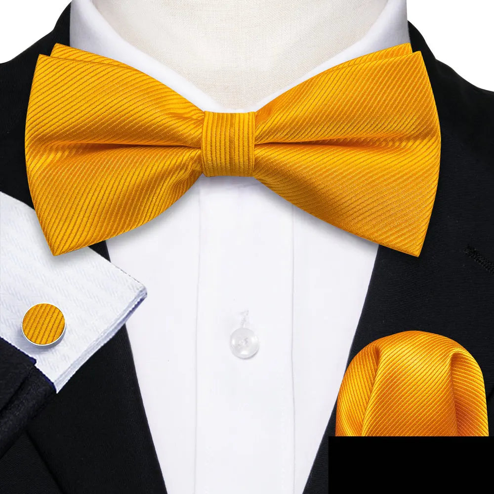 Formal Black Bow Tie Set with Pocket Square and Cufflinks