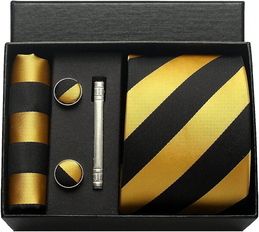 Classic Silk Tie Set with Pocket Square, Cufflinks and Tie Clip