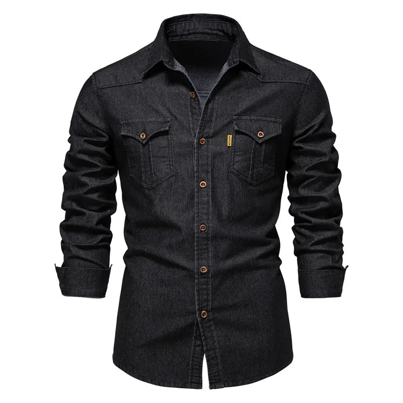 Men’s Spring Long Sleeve Denim Shirt – High-Quality Cotton, Slim Fit
