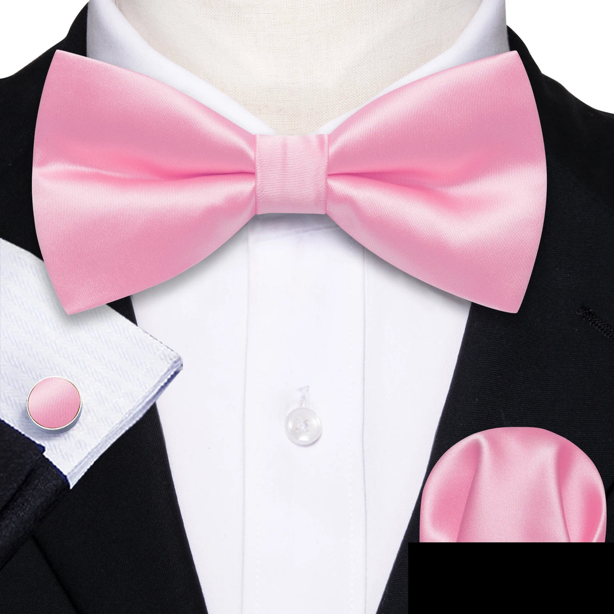 Formal Black Bow Tie Set with Pocket Square and Cufflinks