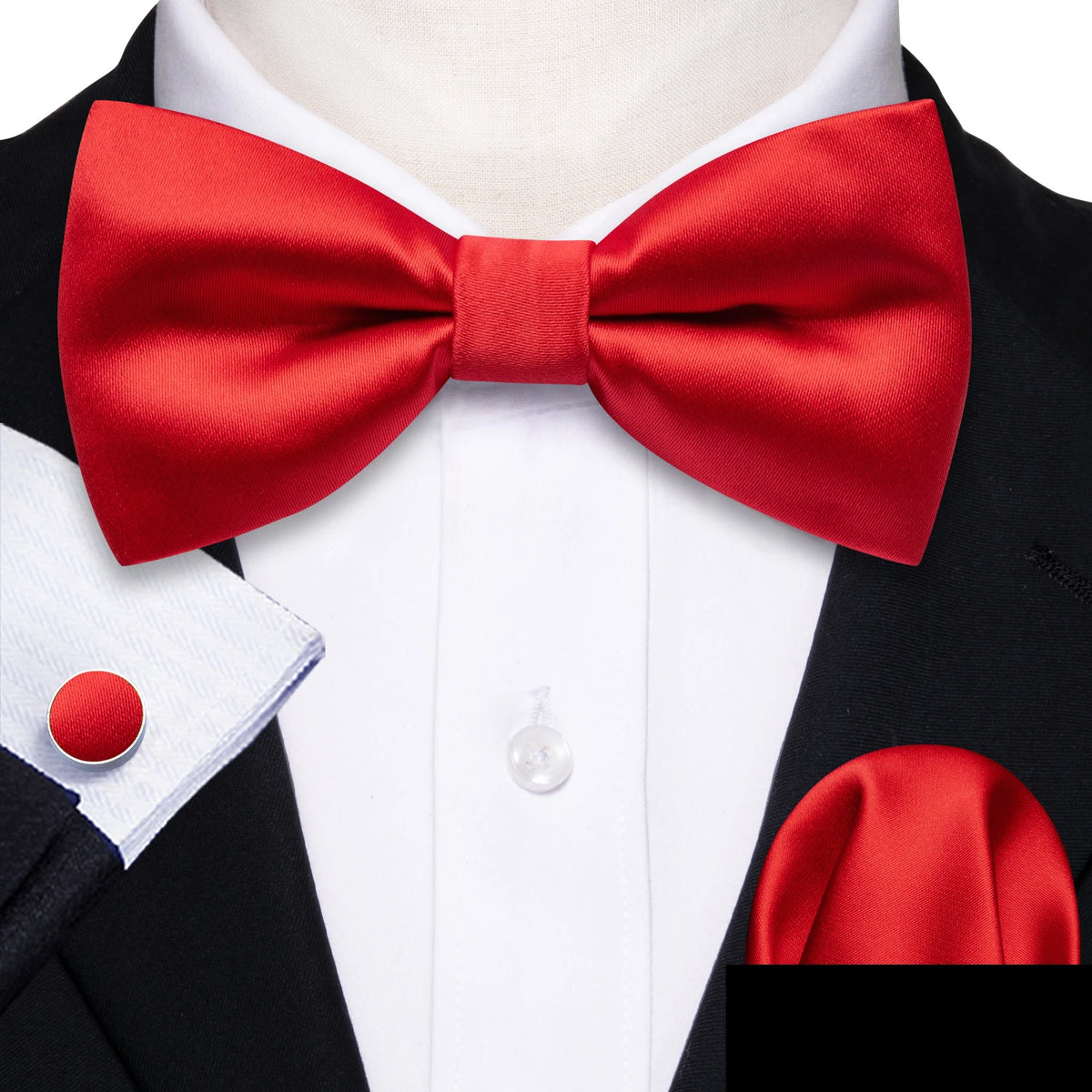 Formal Black Bow Tie Set with Pocket Square and Cufflinks