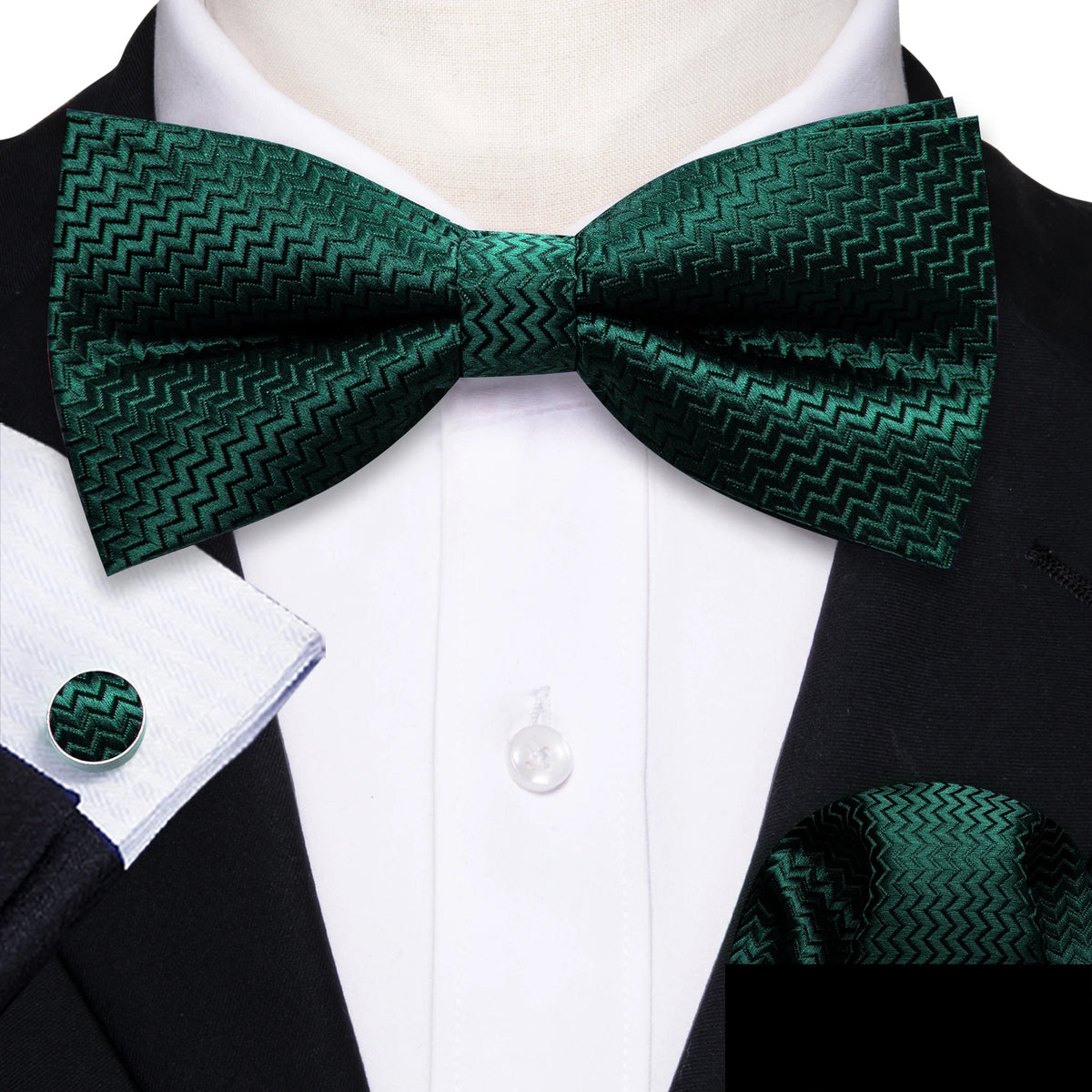 Formal Black Bow Tie Set with Pocket Square and Cufflinks