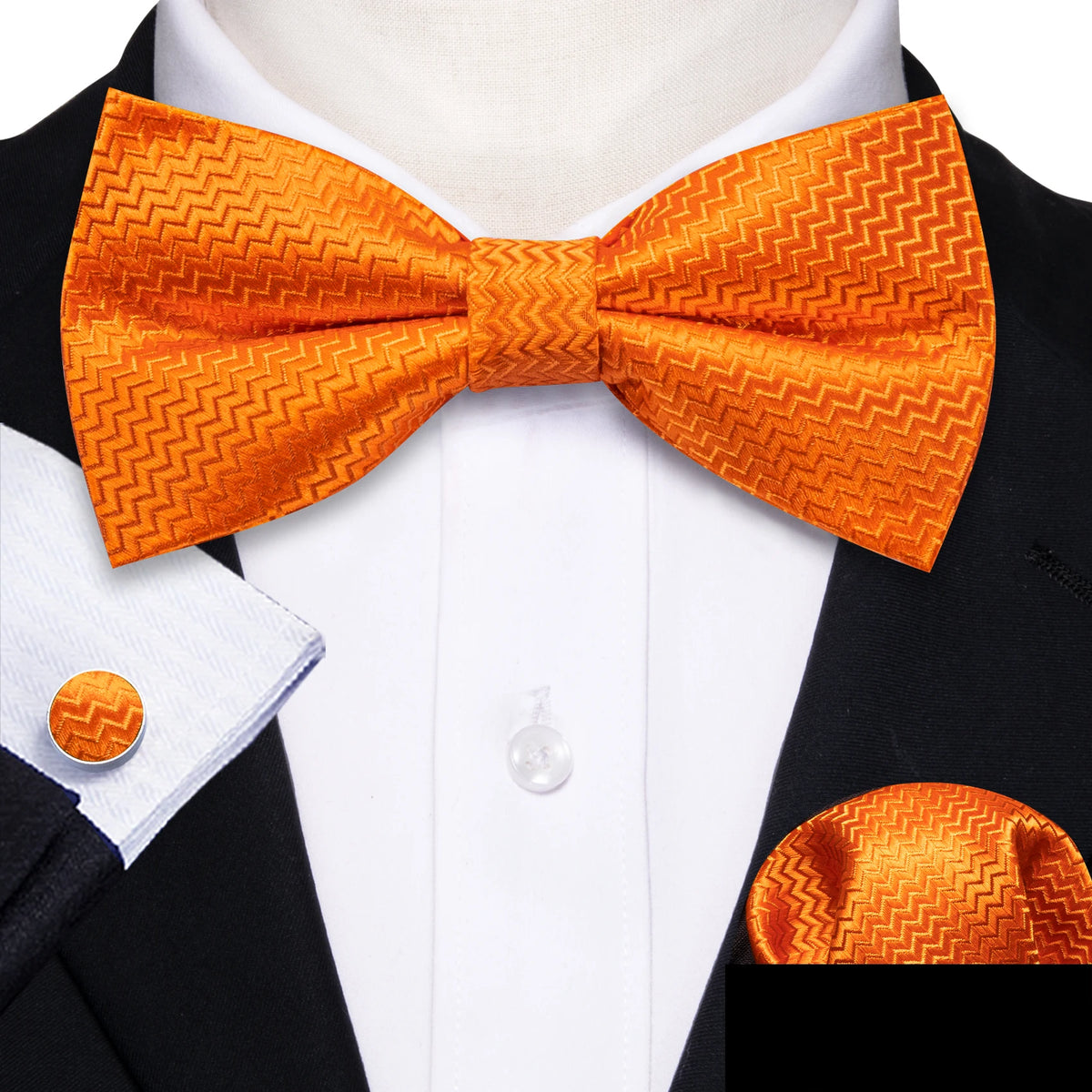 Formal Black Bow Tie Set with Pocket Square and Cufflinks