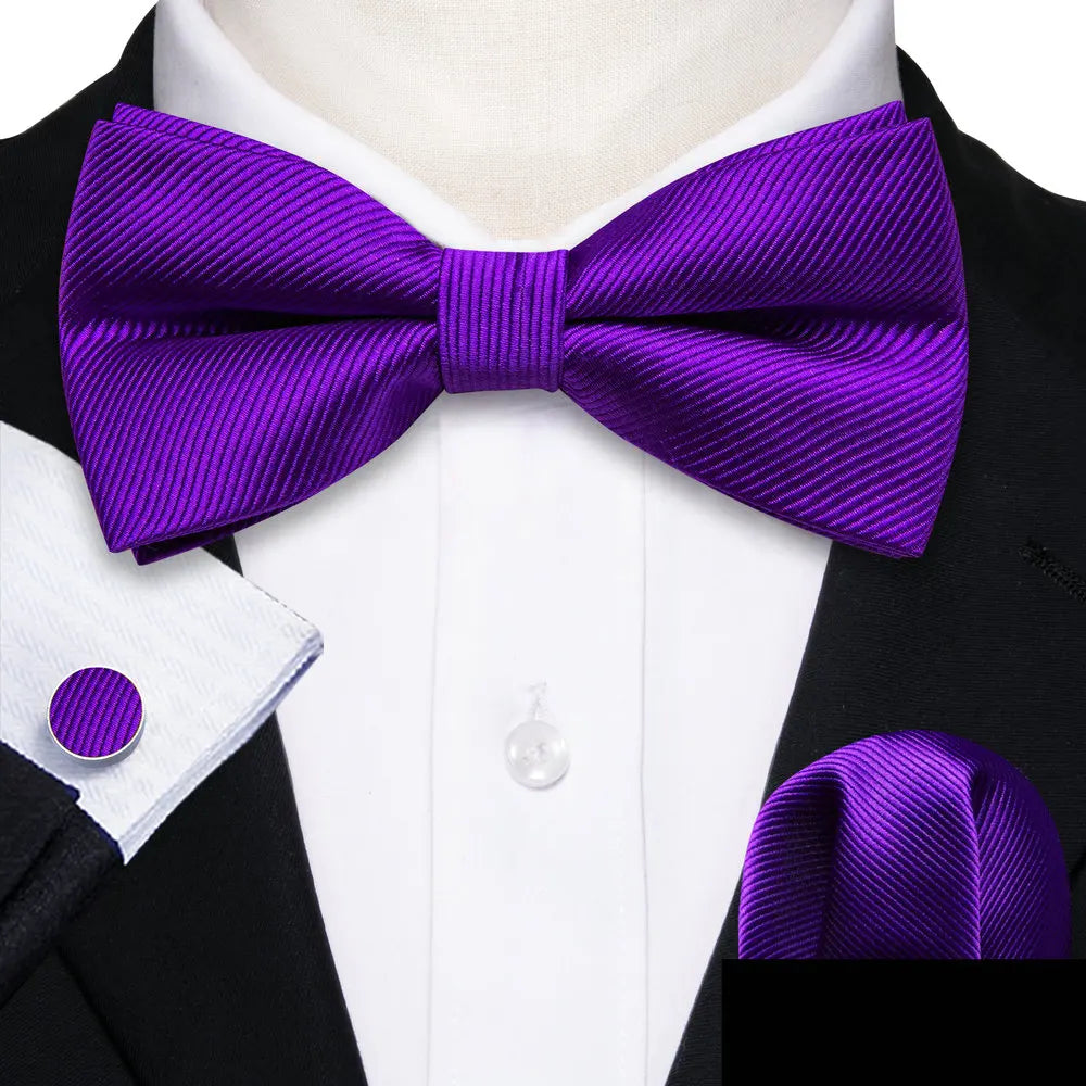 Formal Black Bow Tie Set with Pocket Square and Cufflinks