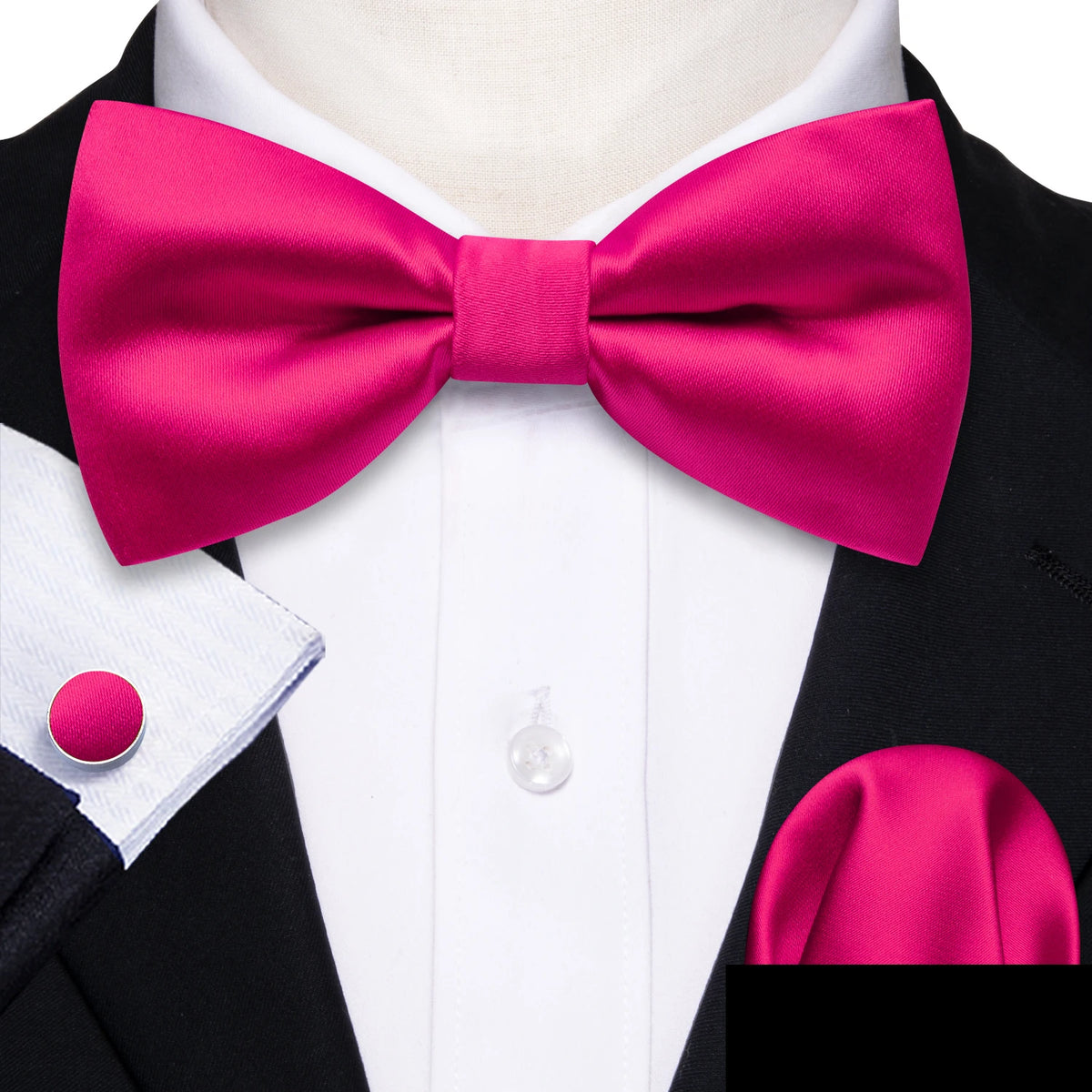 Formal Black Bow Tie Set with Pocket Square and Cufflinks