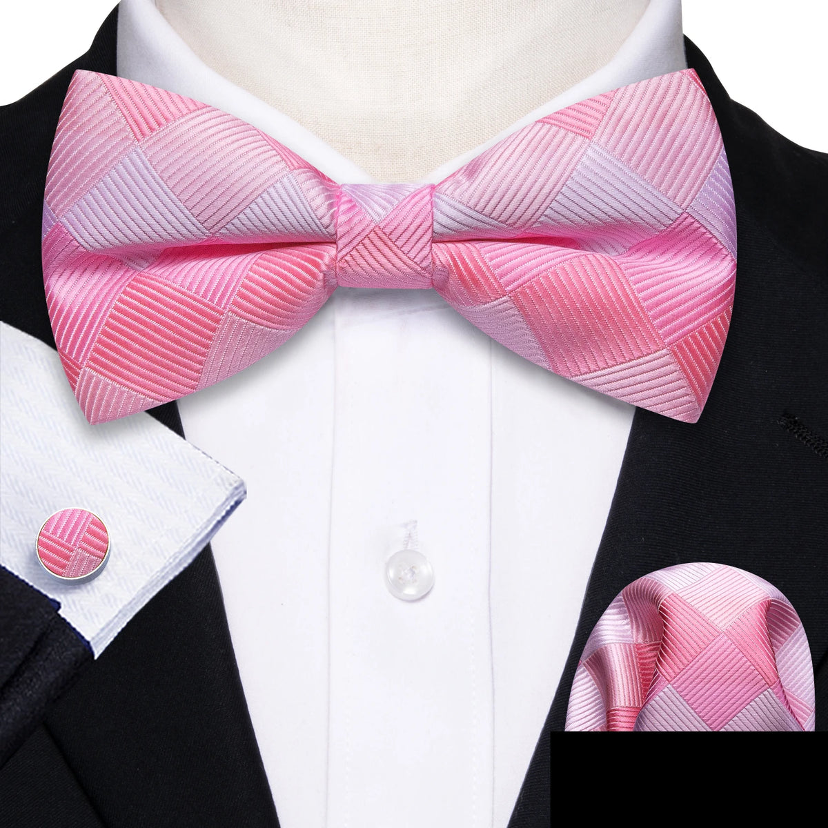 Formal Black Bow Tie Set with Pocket Square and Cufflinks