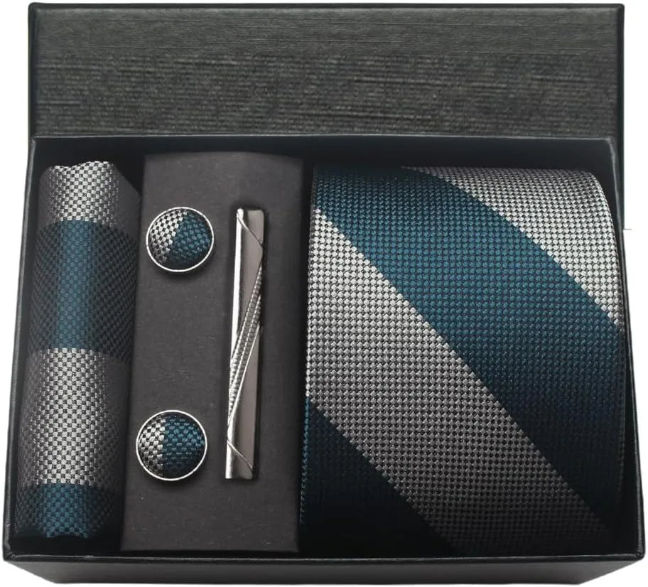 Classic Silk Tie Set with Pocket Square, Cufflinks and Tie Clip