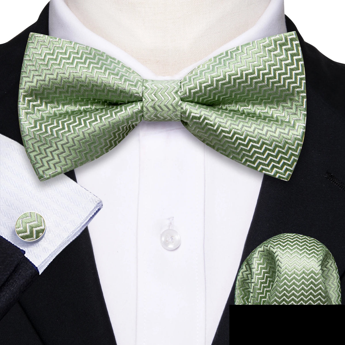Formal Black Bow Tie Set with Pocket Square and Cufflinks