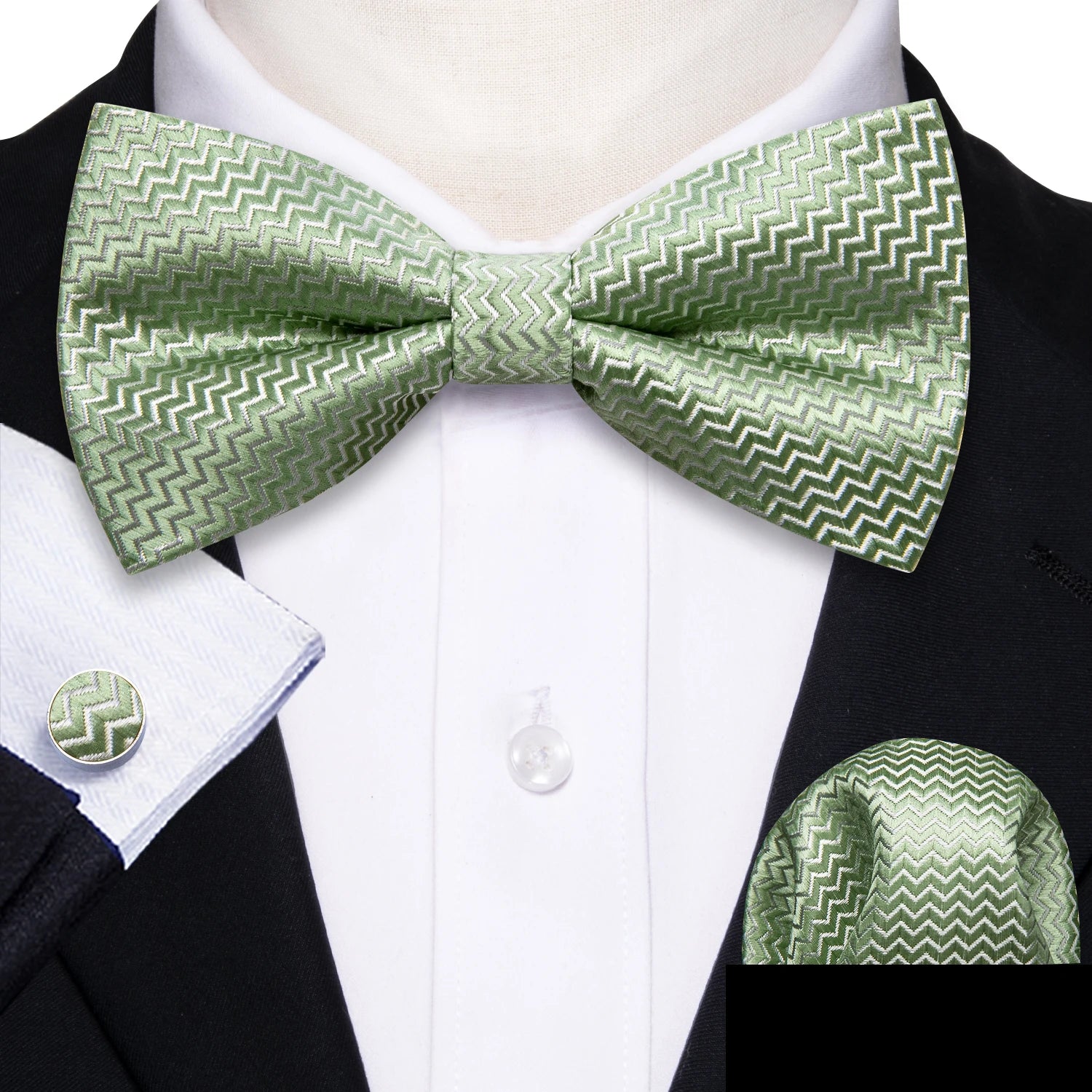 Formal Black Bow Tie Set with Pocket Square and Cufflinks
