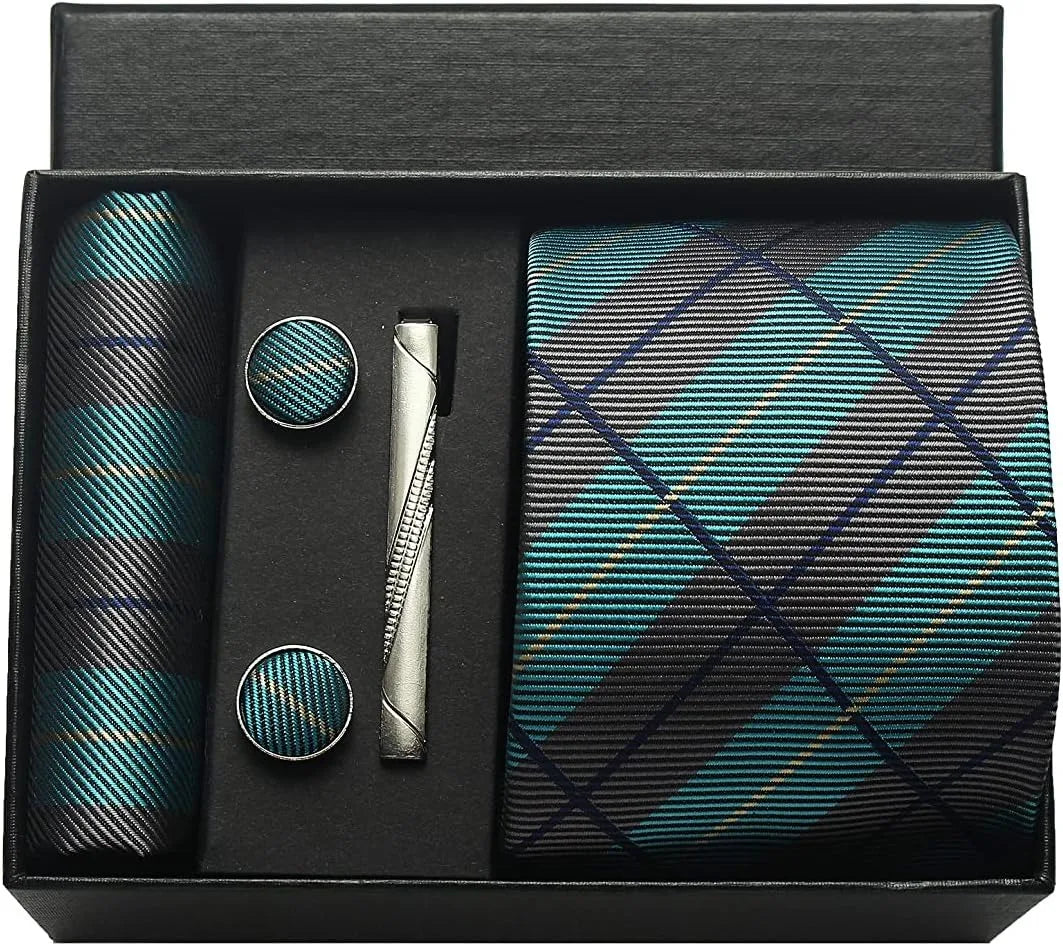 Classic Silk Tie Set with Pocket Square, Cufflinks and Tie Clip