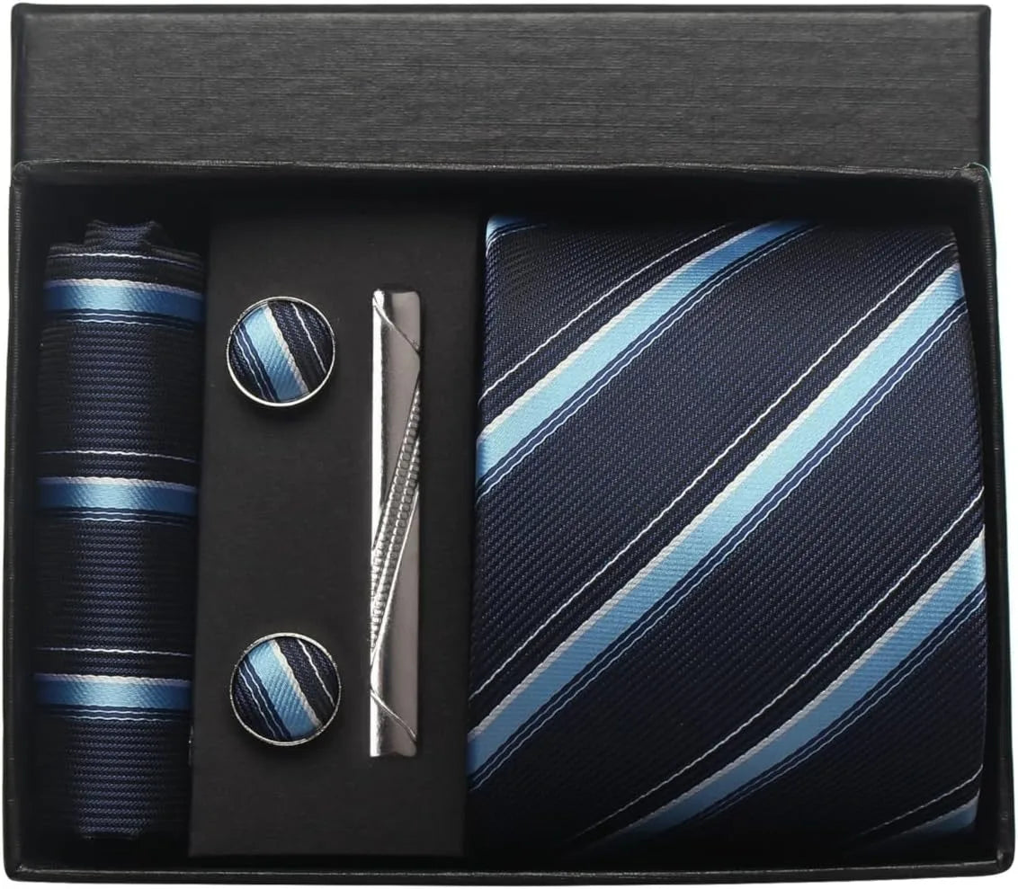 Classic Silk Tie Set with Pocket Square, Cufflinks and Tie Clip
