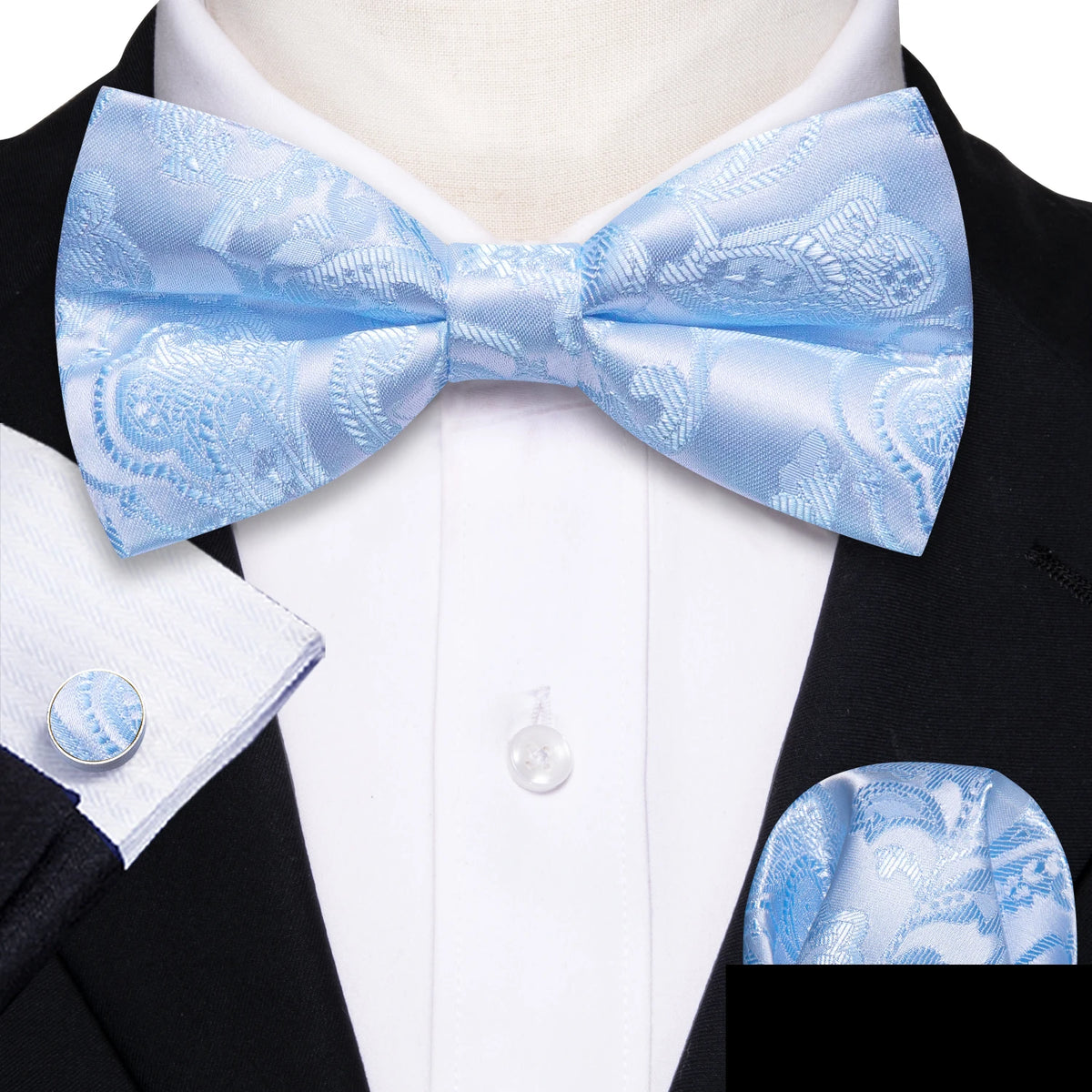 Formal Black Bow Tie Set with Pocket Square and Cufflinks