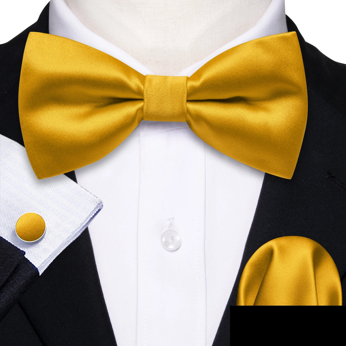 Formal Black Bow Tie Set with Pocket Square and Cufflinks