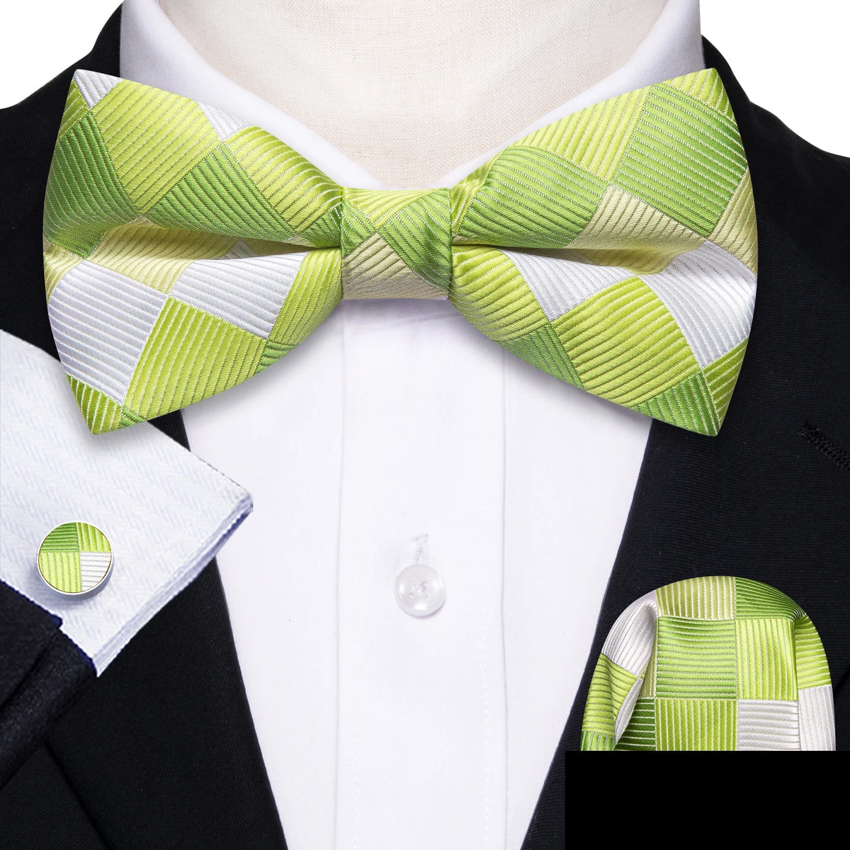 Formal Black Bow Tie Set with Pocket Square and Cufflinks
