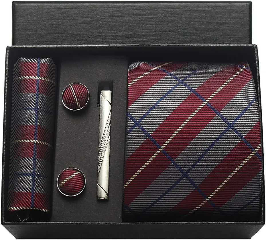 Classic Silk Tie Set with Pocket Square, Cufflinks and Tie Clip