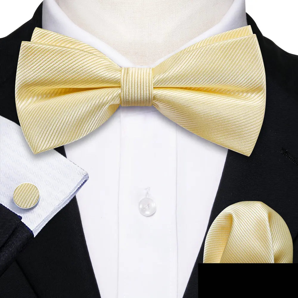Formal Black Bow Tie Set with Pocket Square and Cufflinks
