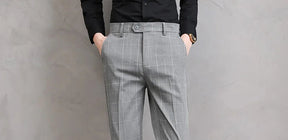 Men’s Slim Fit Formal Trousers with Fine Plaid Pattern for Summer