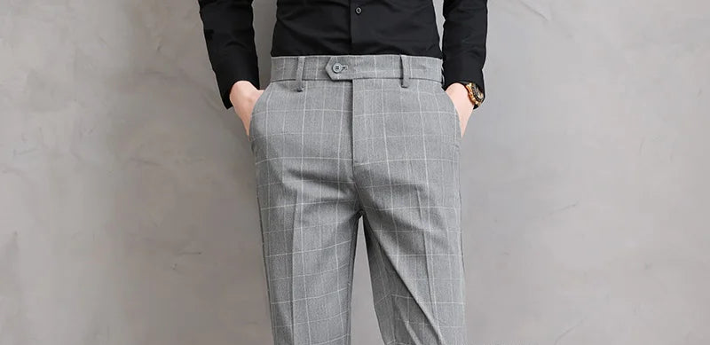 Men’s Slim Fit Formal Trousers with Fine Plaid Pattern for Summer