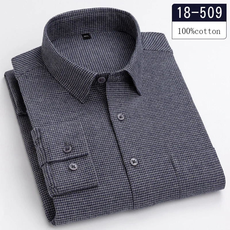 Luxury 100% Cotton Houndstooth Long-Sleeve Shirt for Men