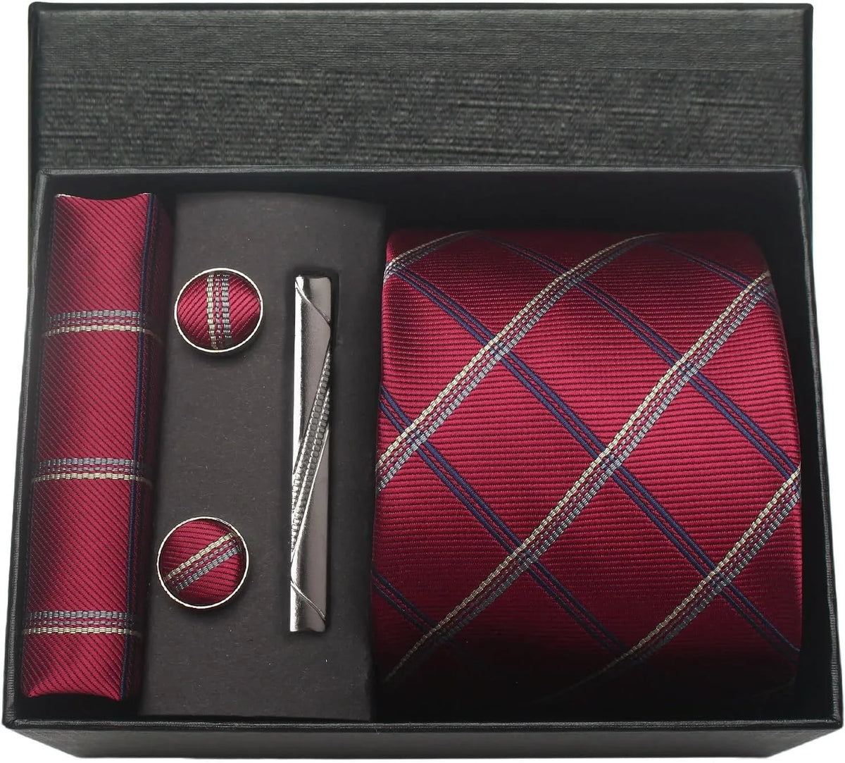 Classic Silk Tie Set with Pocket Square, Cufflinks and Tie Clip