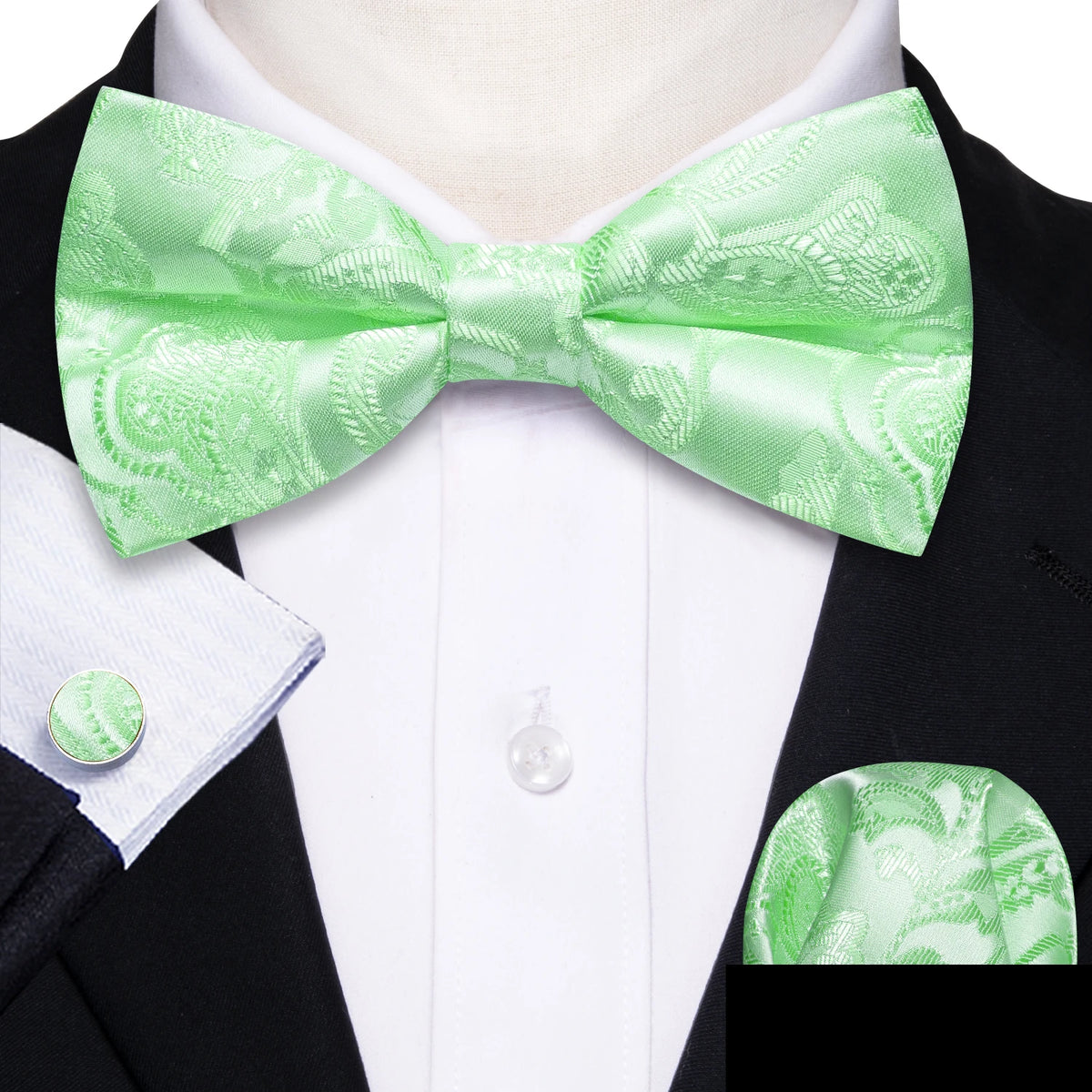Formal Black Bow Tie Set with Pocket Square and Cufflinks