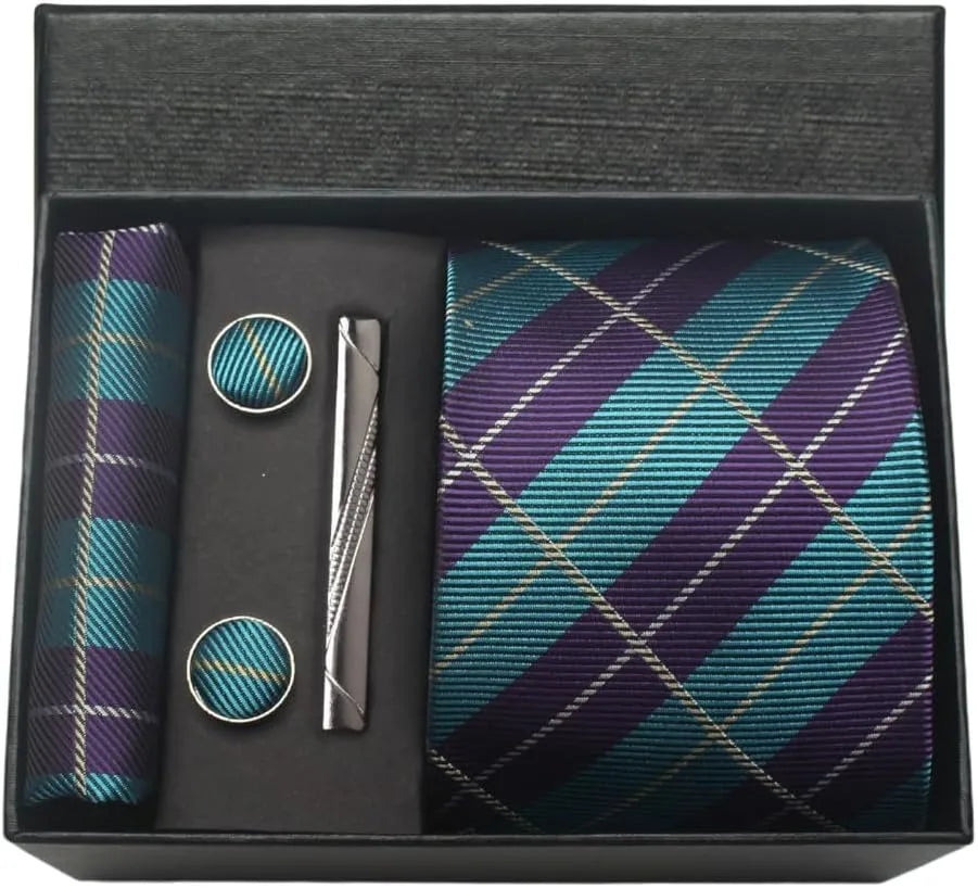 Classic Silk Tie Set with Pocket Square, Cufflinks and Tie Clip