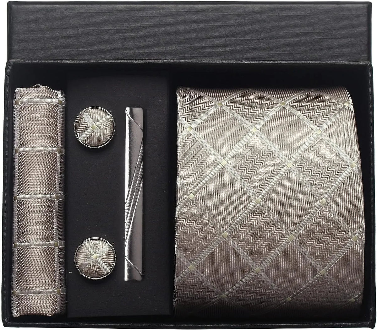 Classic Silk Tie Set with Pocket Square, Cufflinks and Tie Clip