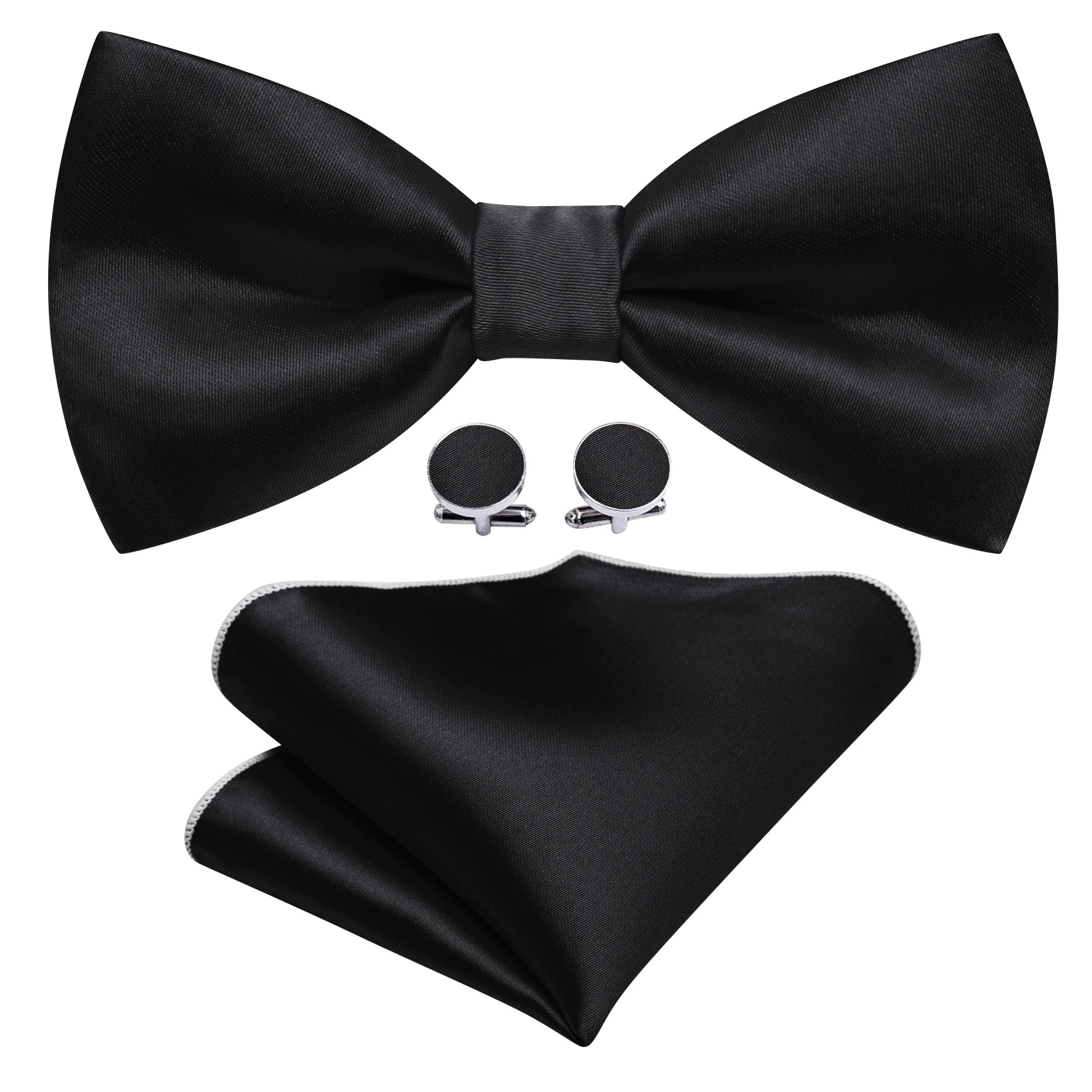 Formal Black Bow Tie Set with Pocket Square and Cufflinks