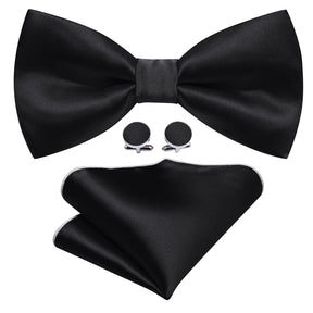 Formal Black Bow Tie Set with Pocket Square and Cufflinks