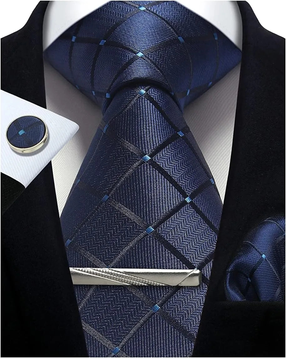 Classic Silk Tie Set with Pocket Square, Cufflinks and Tie Clip