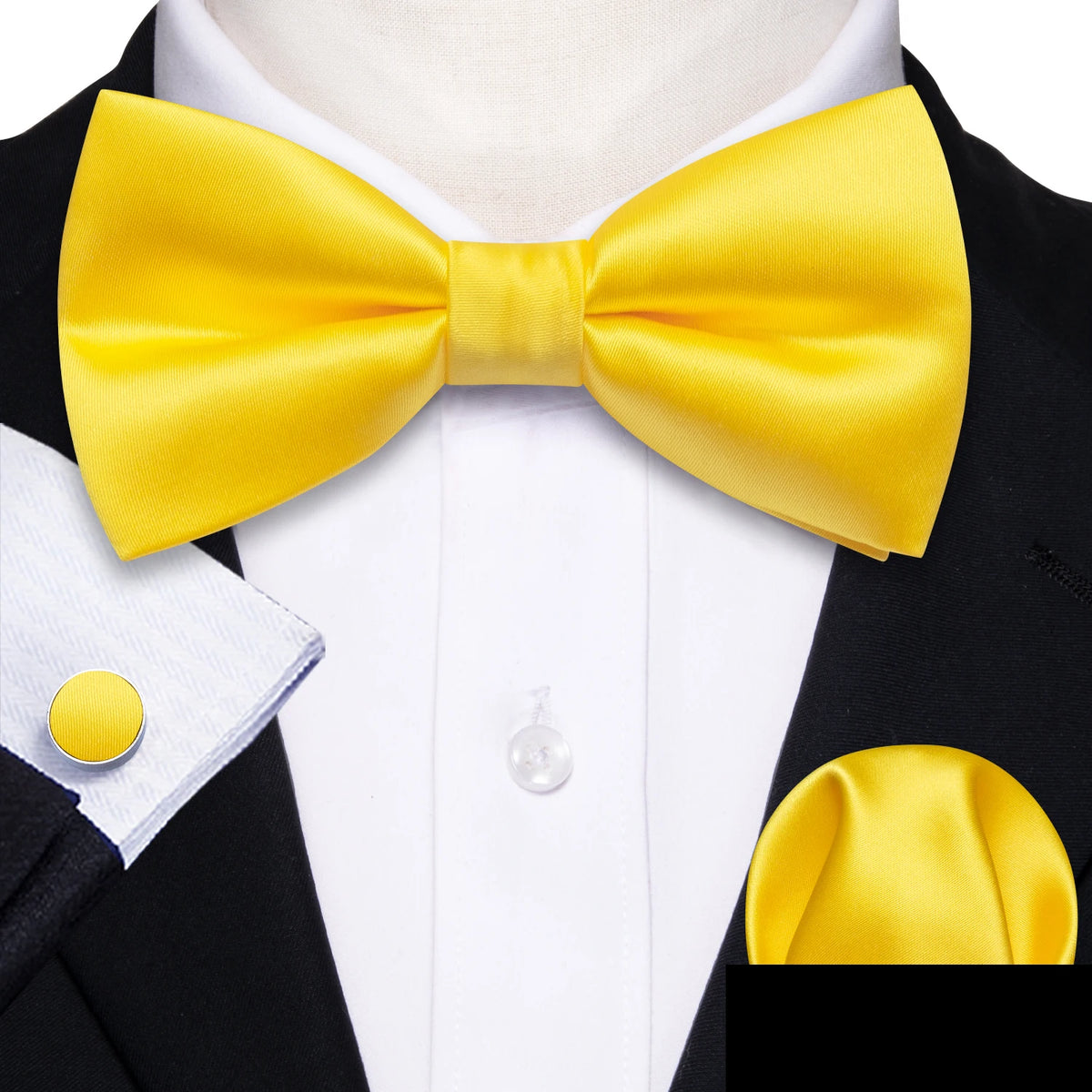 Formal Black Bow Tie Set with Pocket Square and Cufflinks