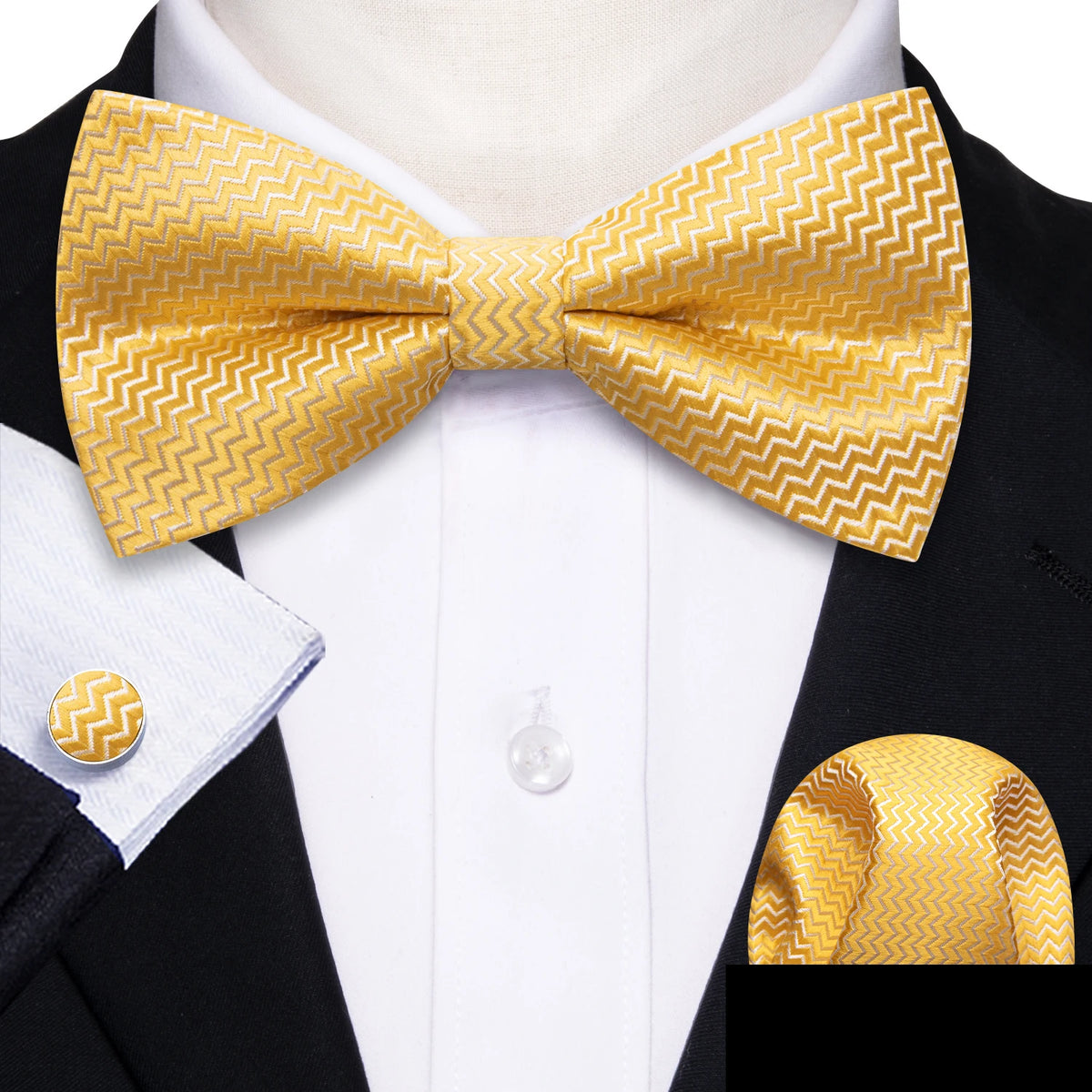 Formal Black Bow Tie Set with Pocket Square and Cufflinks