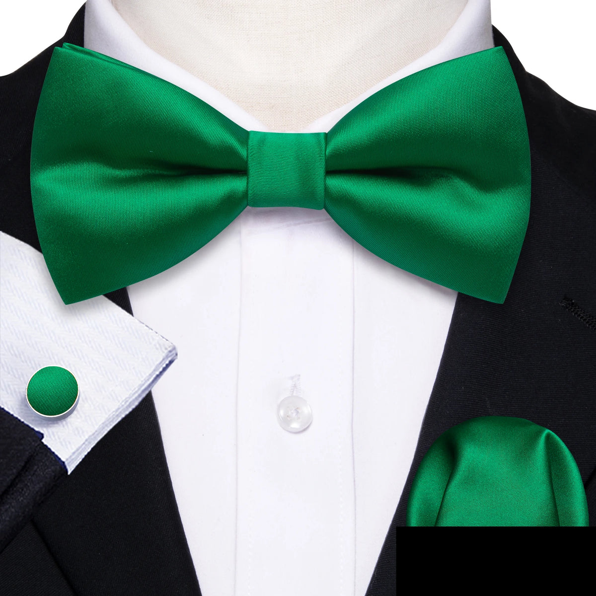 Formal Black Bow Tie Set with Pocket Square and Cufflinks