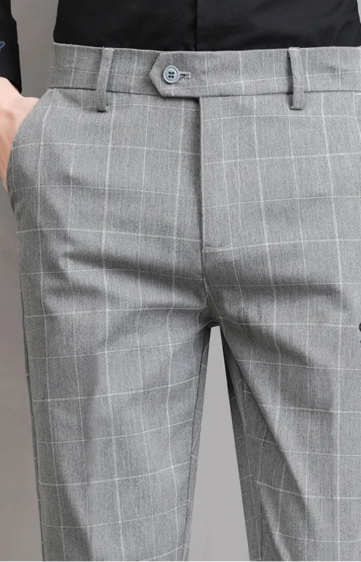 Men’s Slim Fit Formal Trousers with Fine Plaid Pattern for Summer