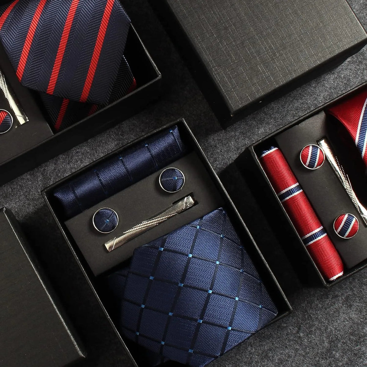 Classic Silk Tie Set with Pocket Square, Cufflinks and Tie Clip
