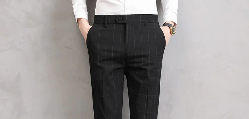 Men’s Slim Fit Formal Trousers with Fine Plaid Pattern for Summer