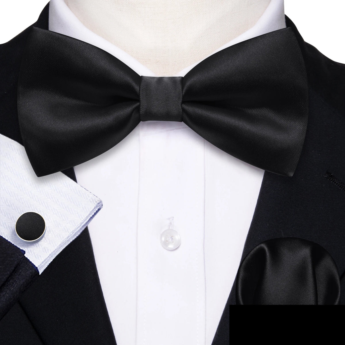 Formal Black Bow Tie Set with Pocket Square and Cufflinks