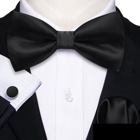 Formal Black Bow Tie Set with Pocket Square and Cufflinks