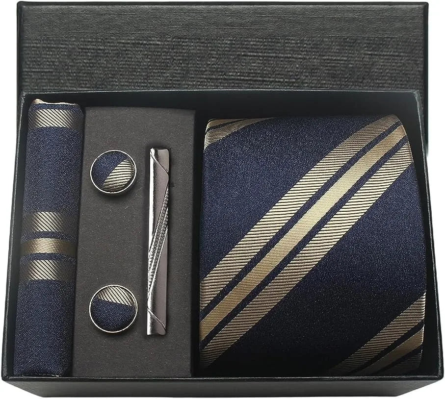 Classic Silk Tie Set with Pocket Square, Cufflinks and Tie Clip