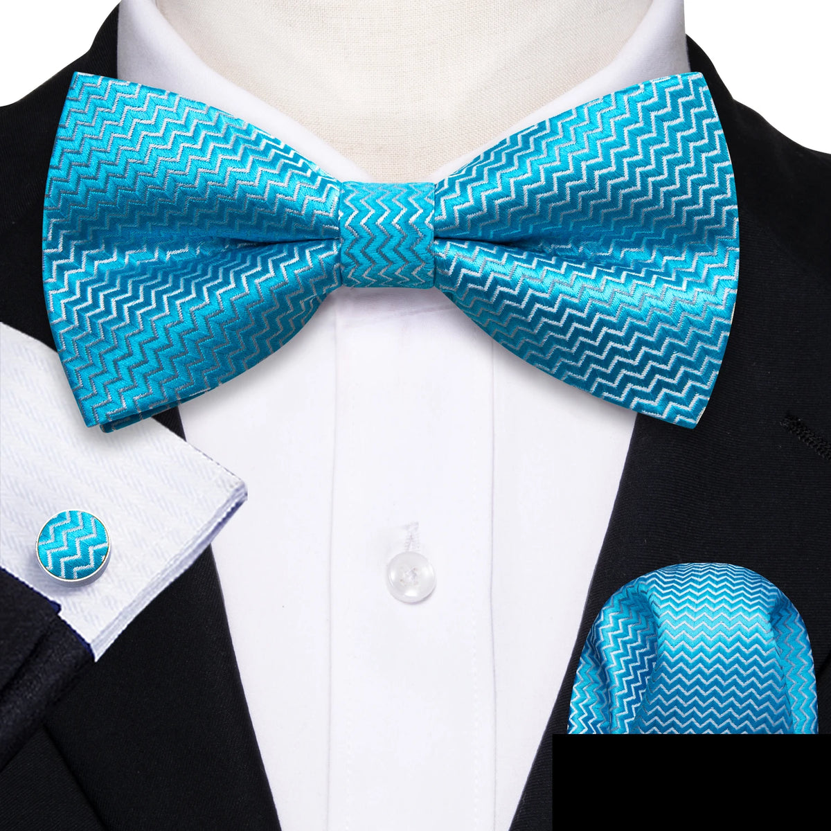 Formal Black Bow Tie Set with Pocket Square and Cufflinks