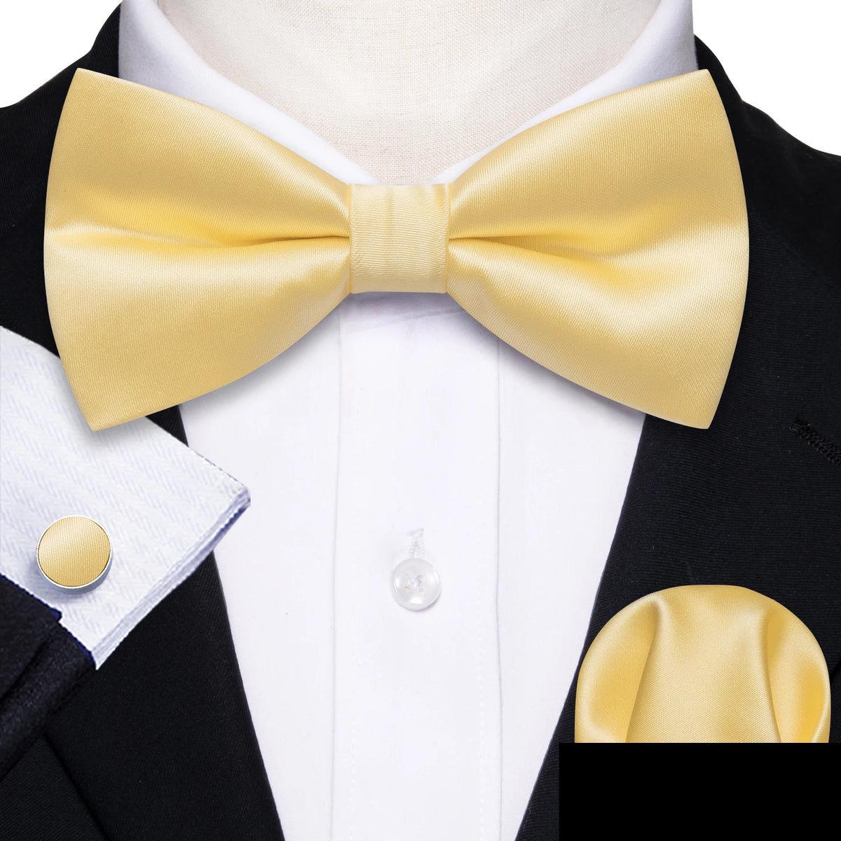 Formal Black Bow Tie Set with Pocket Square and Cufflinks