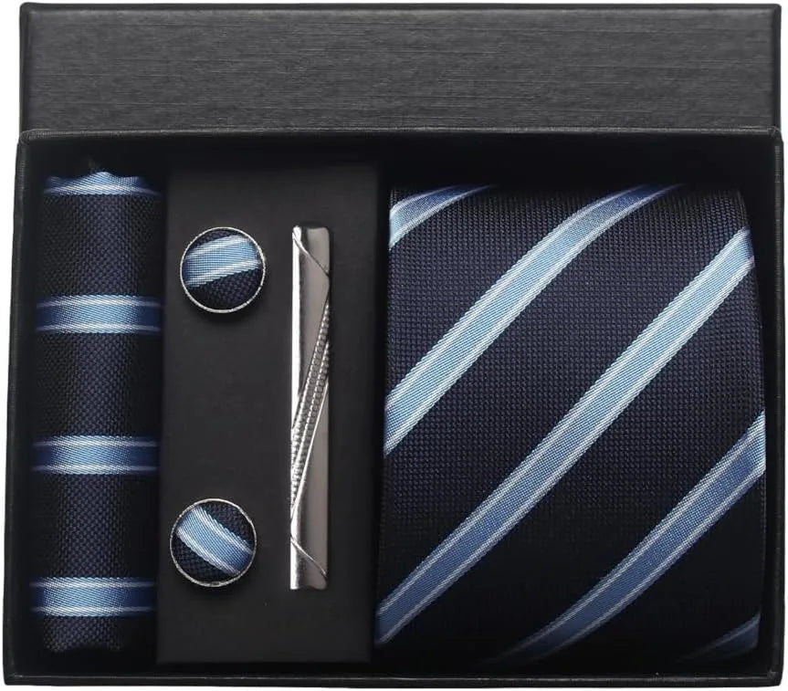 Classic Silk Tie Set with Pocket Square, Cufflinks and Tie Clip