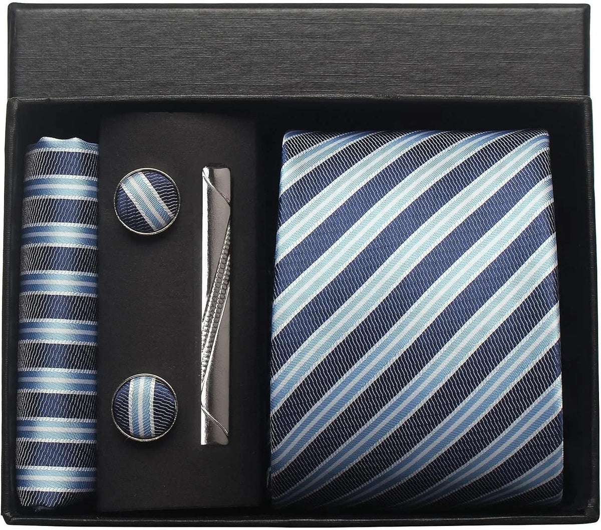 Classic Silk Tie Set with Pocket Square, Cufflinks and Tie Clip