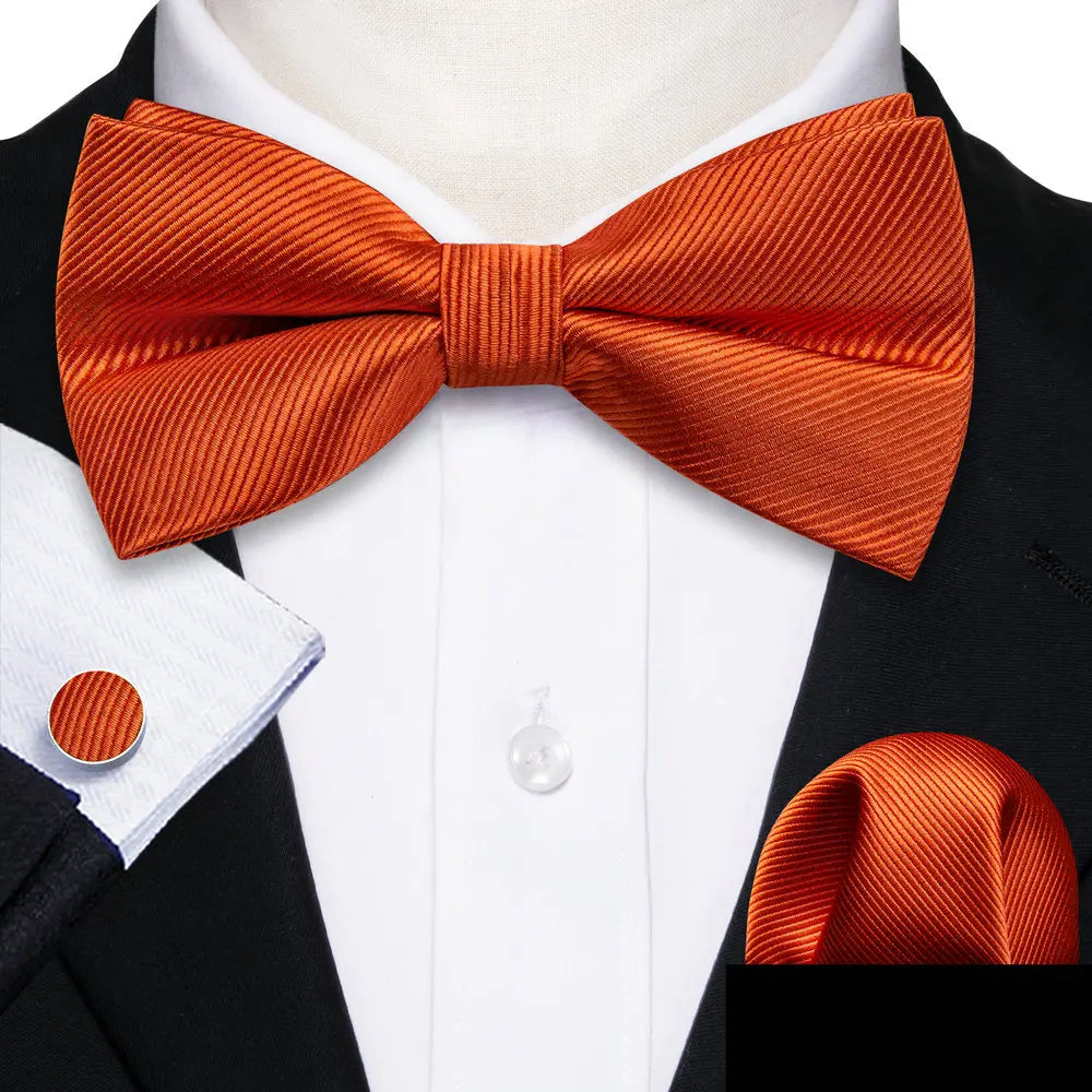 Formal Black Bow Tie Set with Pocket Square and Cufflinks