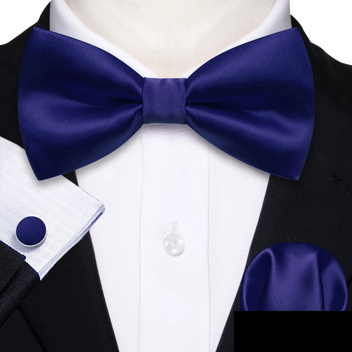 Formal Black Bow Tie Set with Pocket Square and Cufflinks