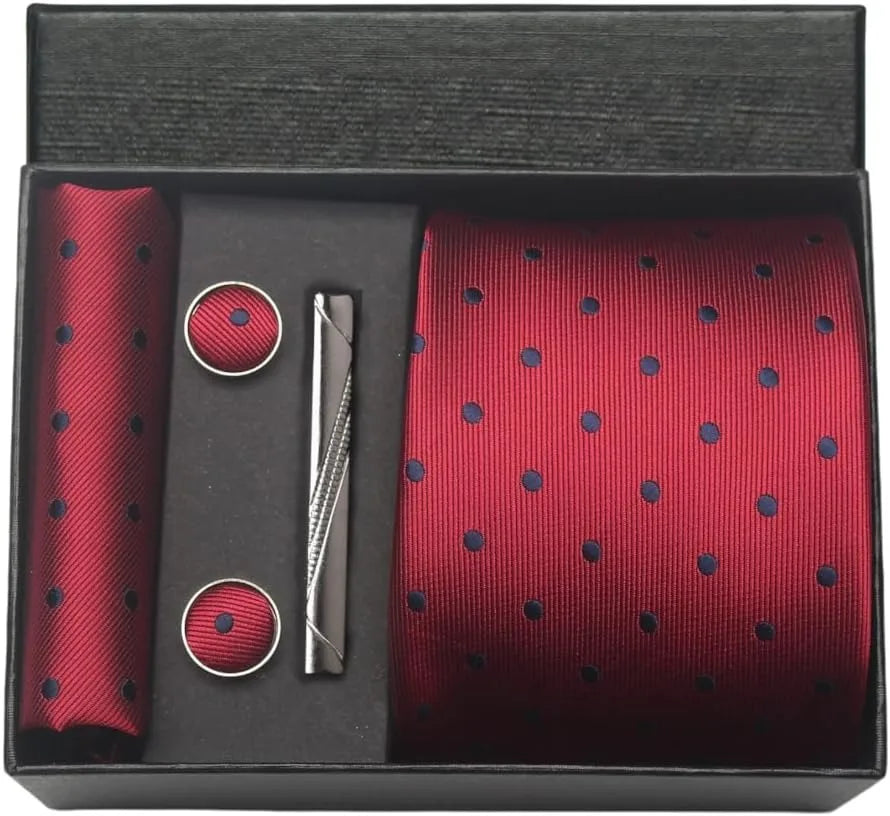 Classic Silk Tie Set with Pocket Square, Cufflinks and Tie Clip